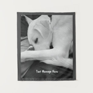 Black and White Photo of Cute Dog Resting with Dad Tapestry