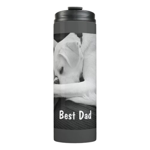 Black and White Photo of Cute Dog Resting with Dad Thermal Tumbler
