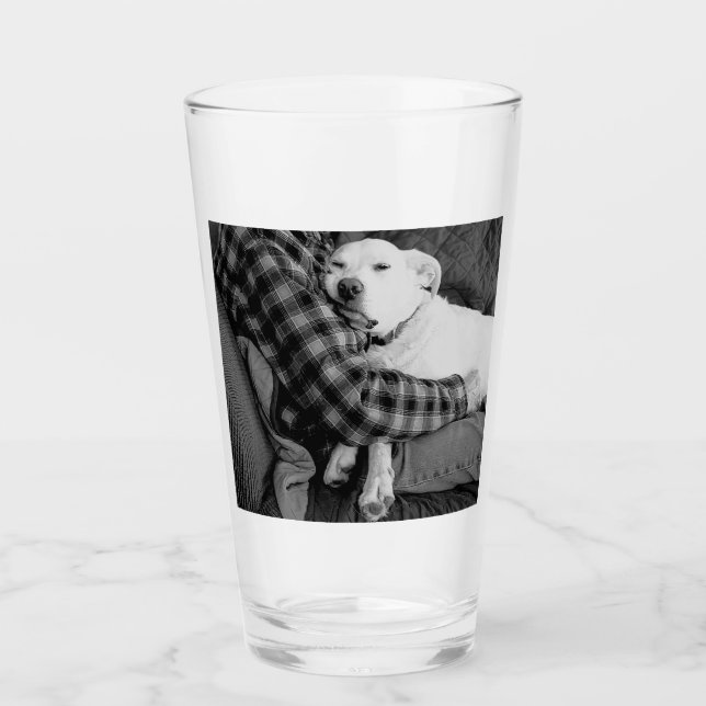 Black and White Photo of Dog Snuggling with Dad Glass (Front)