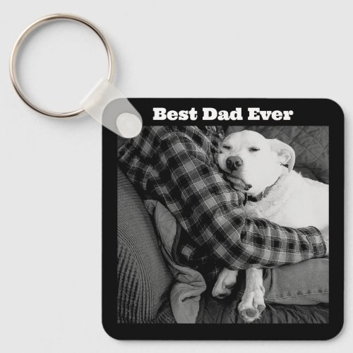 Black and White Photo of Dog Snuggling with Dad Keychain