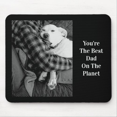 Black and White Photo of Dog Snuggling with Dad Mouse Pad