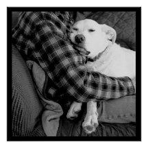 Black and White Photo of Dog Snuggling with Dad