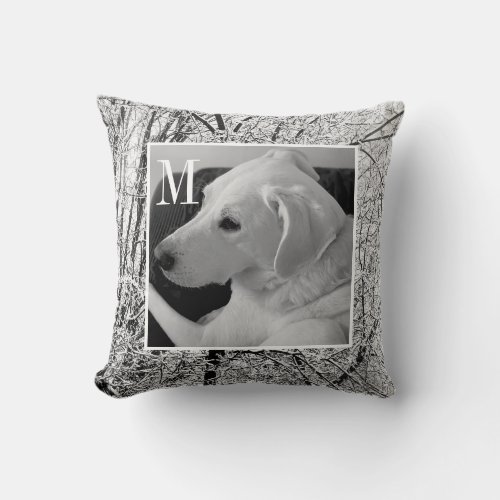 Black and White Photo of Dog Winter Scene Initial Throw Pillow