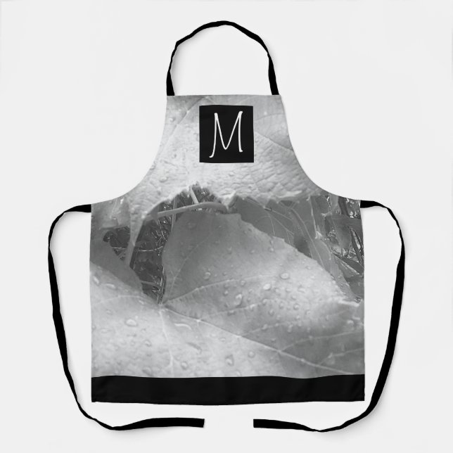 Black and White Photo of Grape Leaves Initial Gray Apron (Front)