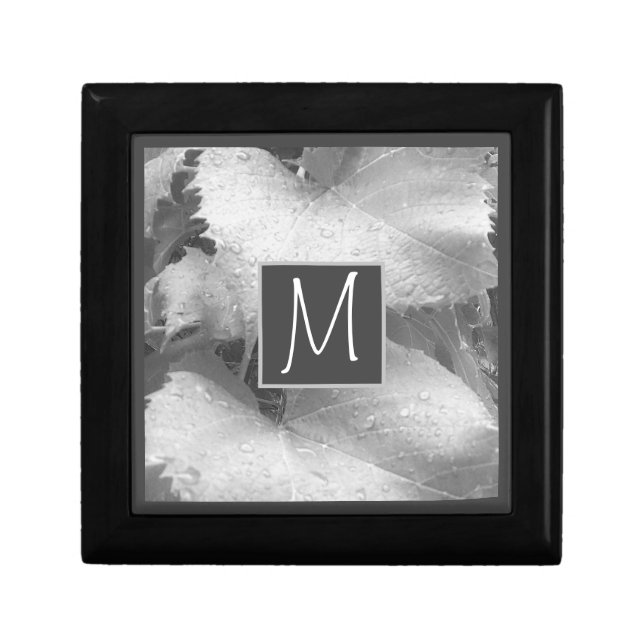 Black and White Photo of Grape Leaves Initial Gray Gift Box (Front)