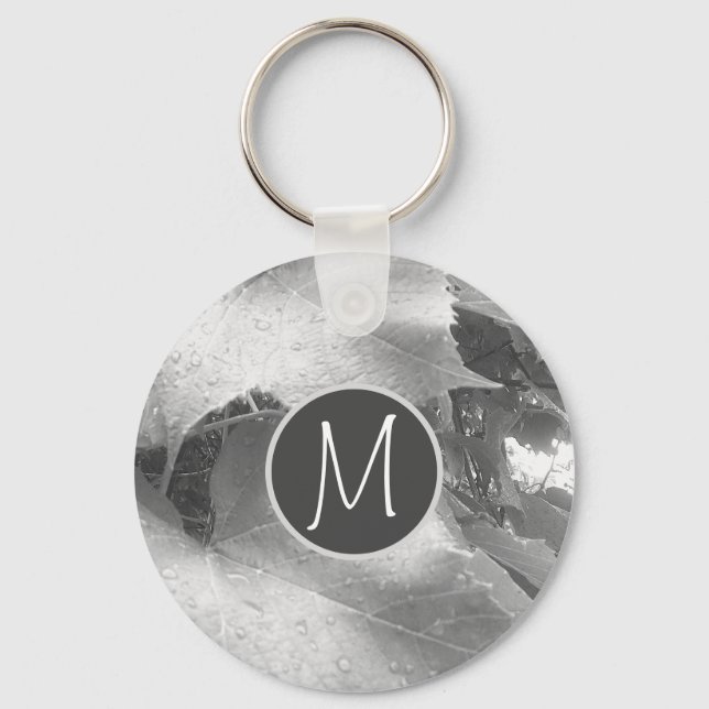 Black and White Photo of Grape Leaves Initial Gray Keychain (Front)
