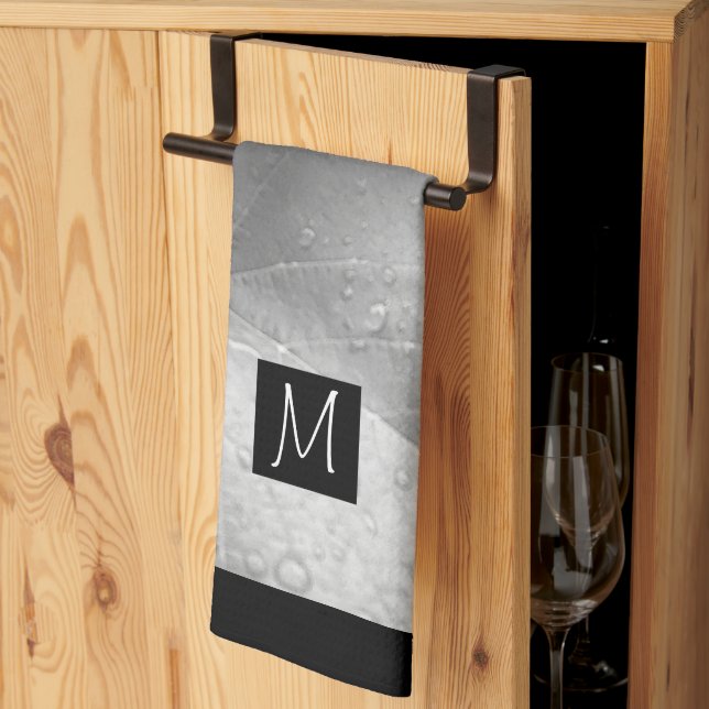 Black and White Photo of Grape Leaves Initial Gray Kitchen Towel (Thirds Fold)