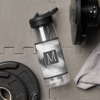 Black and White Photo of Grape Leaves Initial Gray Water Bottle