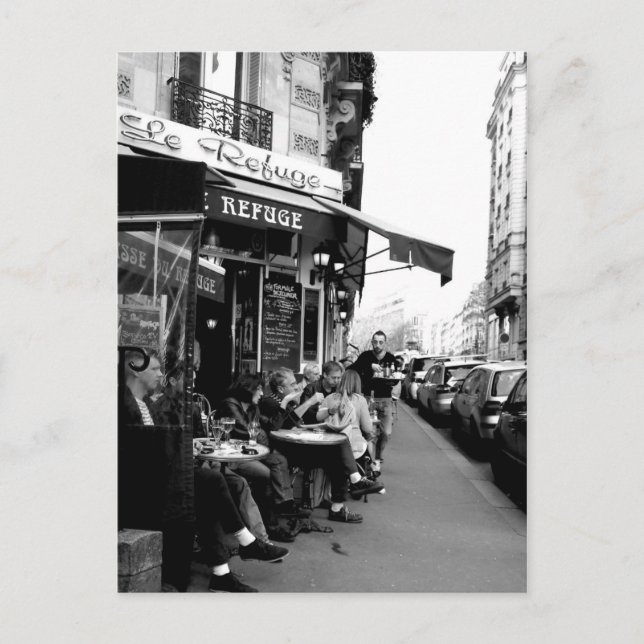 Black and White photo of Le Refuge Cafe in Paris Postcard (Front)