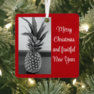 Black and White Photo of Pineapple Christmas Red Metal Ornament