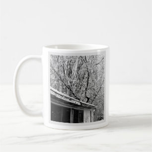 Black and White Photo of Rustic Snowy Winter Scene Coffee Mug