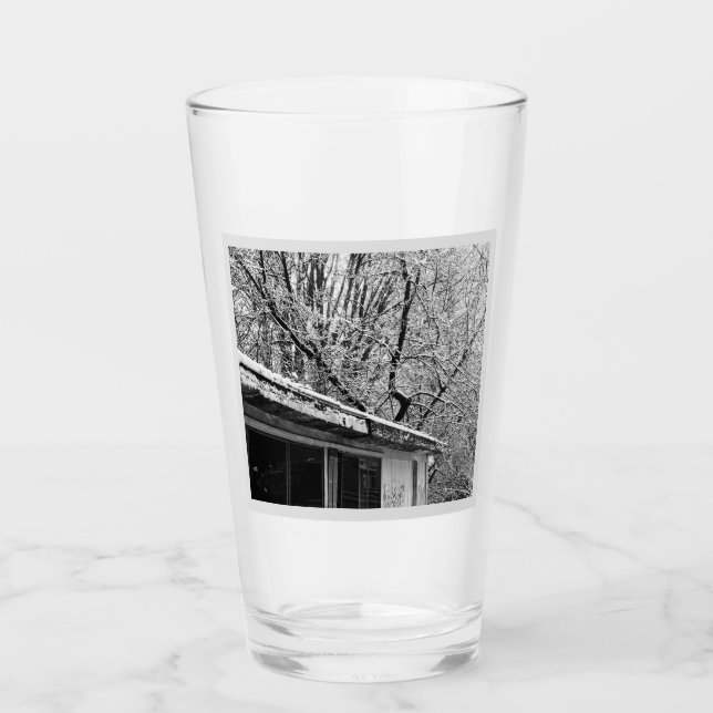 Black and White Photo of Rustic Snowy Winter Scene Glass (Front)