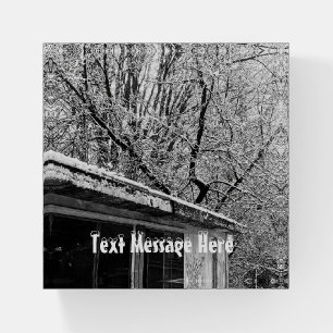 Black and White Photo of Rustic Snowy Winter Scene Paperweight