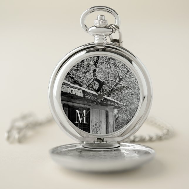 Black and White Photo of Rustic Snowy Winter Scene Pocket Watch (Inside)
