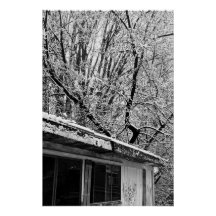 Black and White Photo of Rustic Snowy Winter Scene