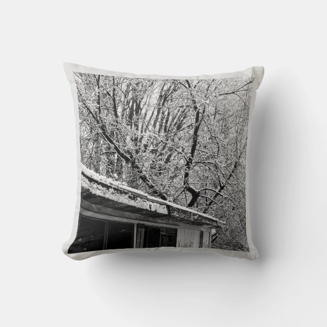 Black and White Photo of Rustic Snowy Winter Scene Throw Pillow (Front)
