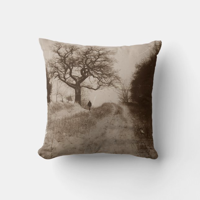black and white photo of snow covered country lane throw pillow (Front)