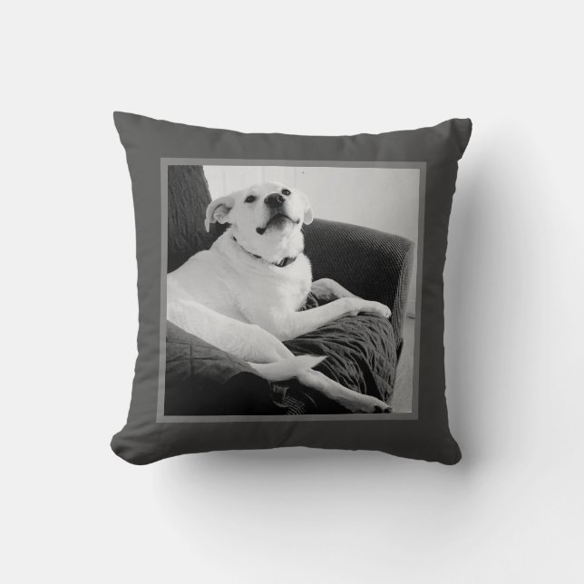 Black and White Photo of Talking Dog Grey Throw Pillow (Front)