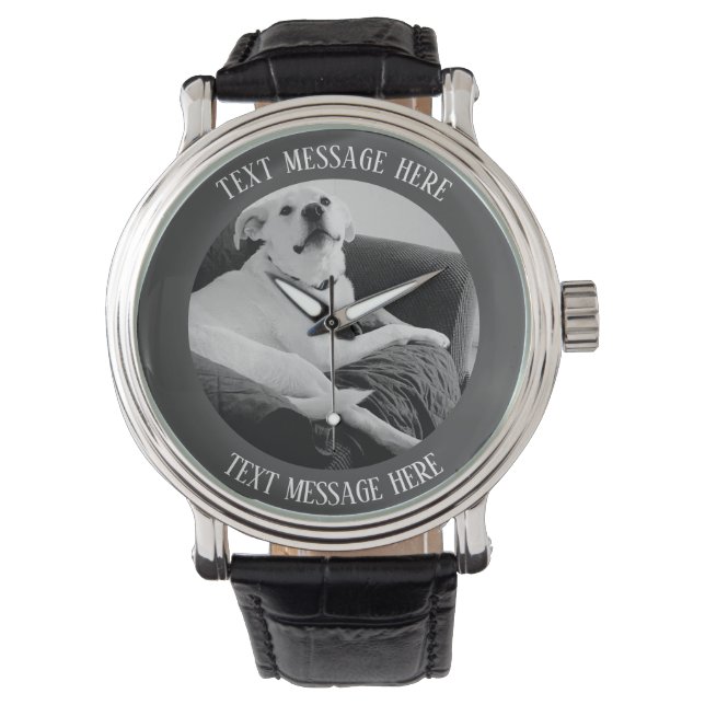 Black and White Photo of Talking Dog Text Message Watch (Front)
