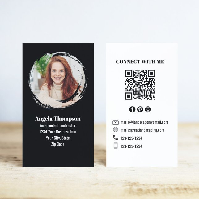 Black and White Photo QR Code Connect with Me Business Card (Business card with black and white with QR code template.)