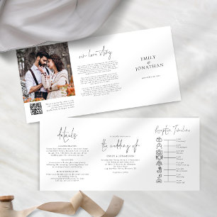 Black and White Photo QR Code Timeline Wedding Tri-Fold Invitation