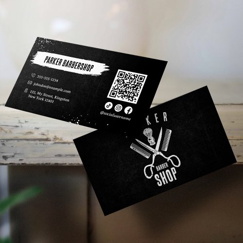 Black and White Photo Rusty Barbershop QR Code Business Card