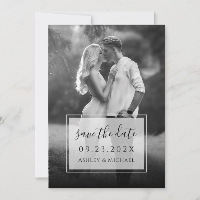 Black and White Photo & Script Transparent Wedding Save The Date (Front)