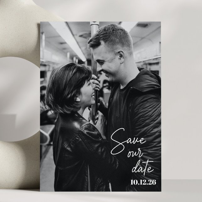 Black and White Photo Trendy Script Modern Wedding Save The Date (Creator Uploaded)