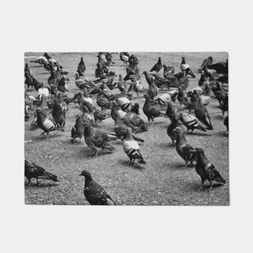 Black and white photography of many pigeons doormat