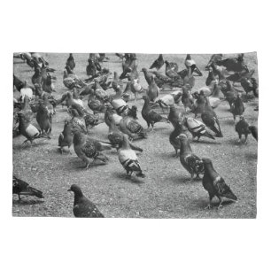 Black and white photography of many pigeons pillow case