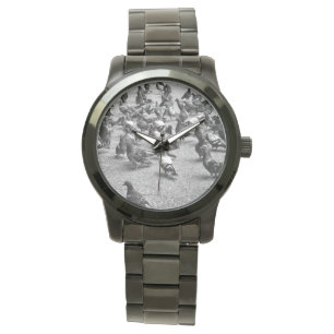 Black and white photography of many pigeons watch