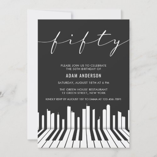 Black And White Piano 50th Birthday Party Invitation