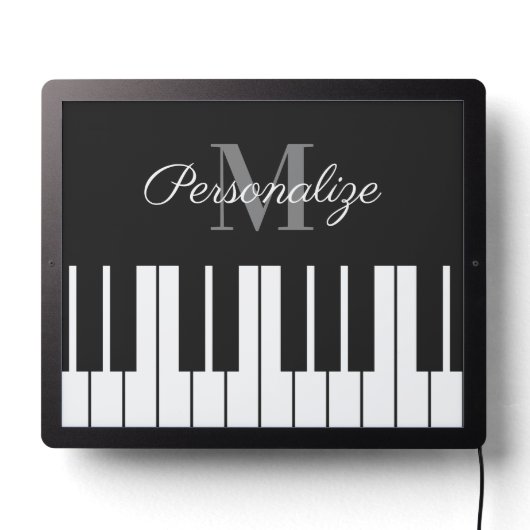 Black and white piano bar LED sign with monogram (Lights Off)