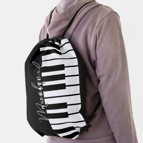 Black and White Piano Keyboard Monogram Drawstring Bag