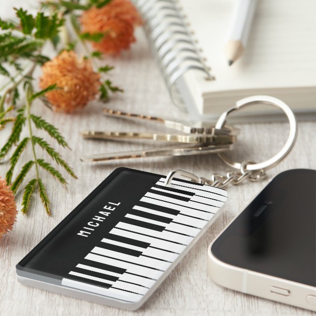 Black and White Piano Keyboard Monogram Keychain (Front Right)