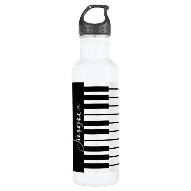 Black and White Piano Keyboard Monogram Stainless Steel Water Bottle (Front)