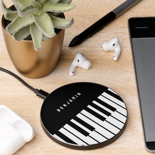 Black and White Piano Keyboard Monogram Wireless Charger