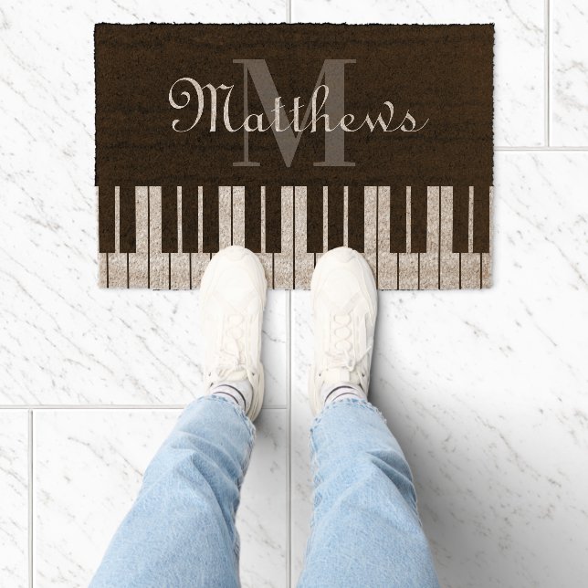 Black and white piano keys custom monogram coir fiber doormat (Insitu)