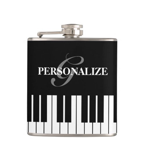 Black and white piano keys custom monogram drink flask