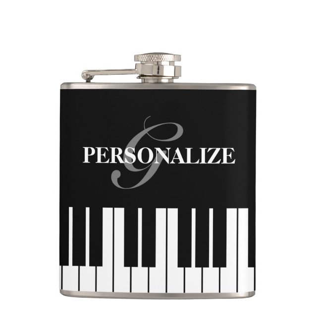 Black and white piano keys custom monogram drink flask (Front)
