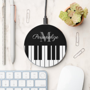 Black and white piano keys custom monogram wireless charger 