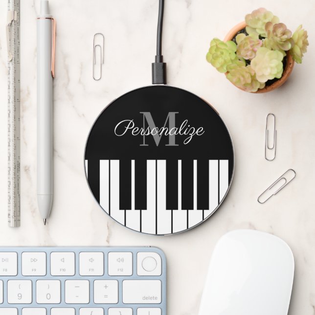 Black and white piano keys custom monogram wireless charger  (Desk)
