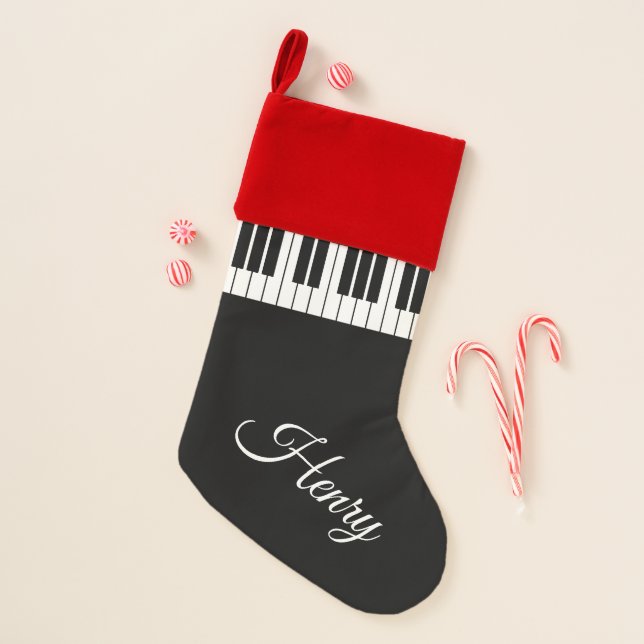 Black and white piano keys custom name large christmas stocking (Front)