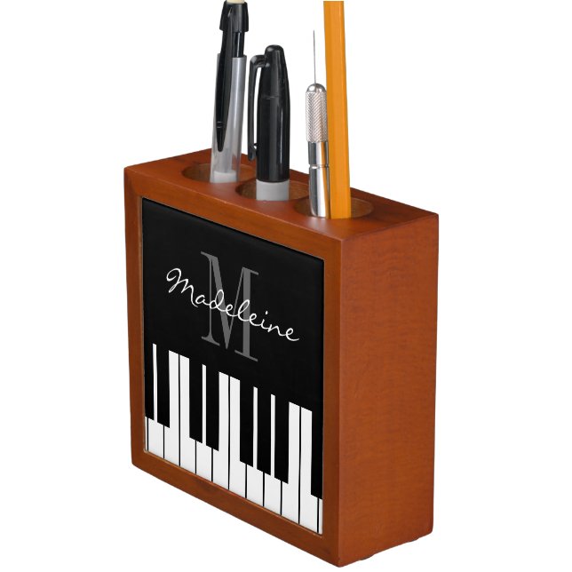 Black and white piano keys custom name monogram desk organizer (In Situ)