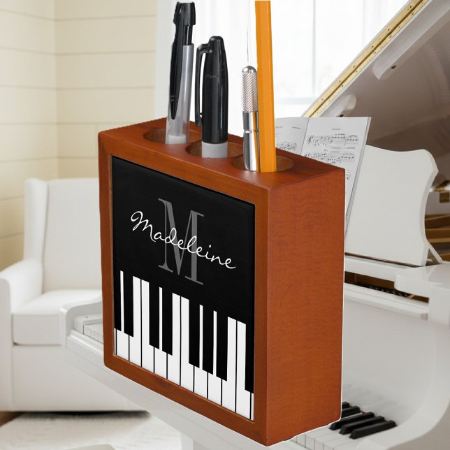 Black and white piano keys custom name monogram desk organizer (desk organizer with piano key design)