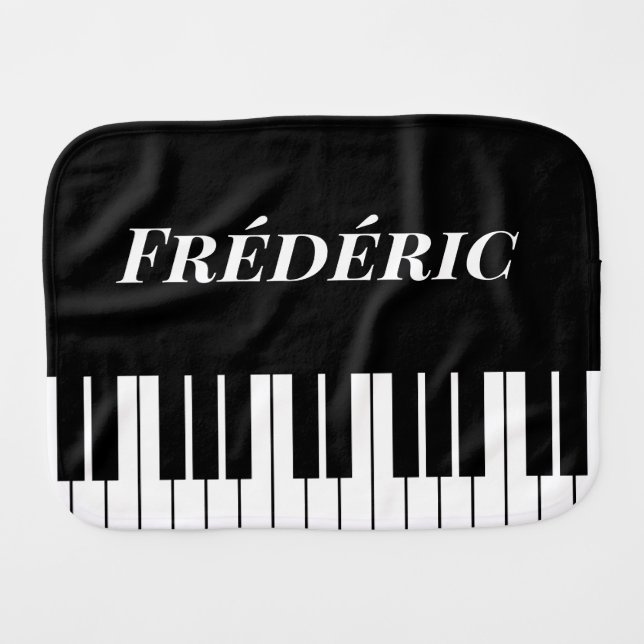 Black and white piano keys keyboard custom name baby burp cloth (Front Horizontal)