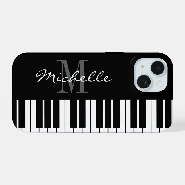 Black and white piano keys monogram iPhone 15 case (Back Horizontal)