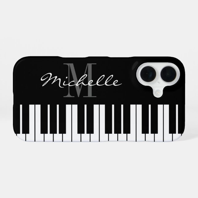 Black and white piano keys monogram iPhone 16 case (Back Horizontal)