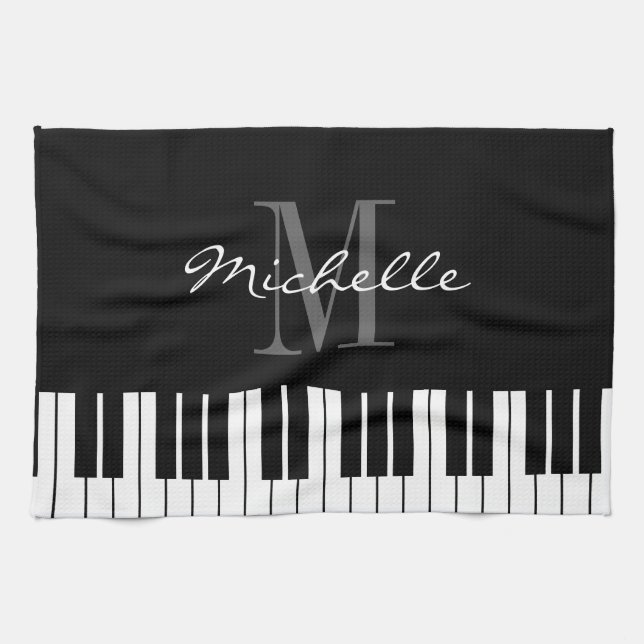 Black and white piano keys monogram kitchen towel (Horizontal)
