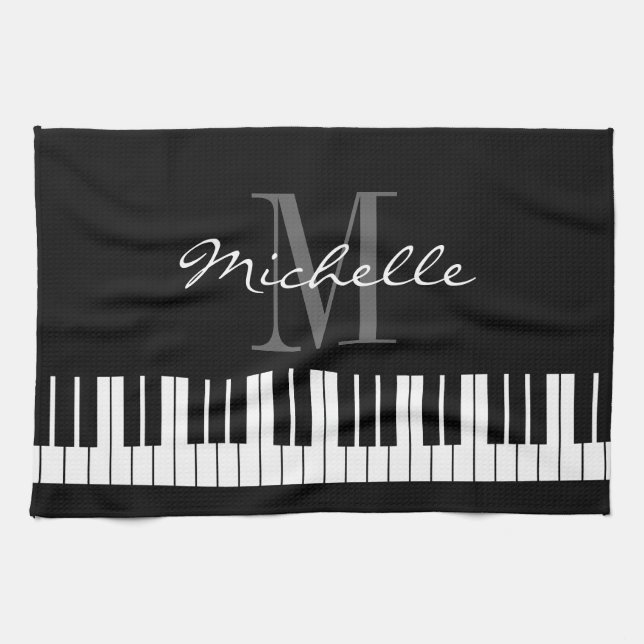 Black and white piano keys monogram kitchen towel (Horizontal)